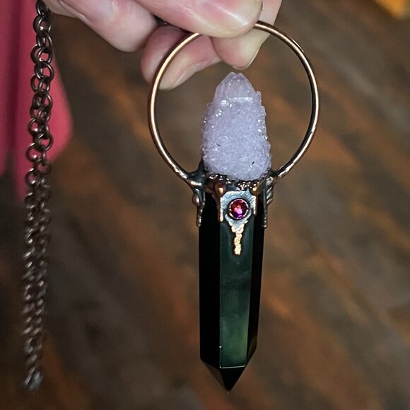 Obsidian, Spirit Amethyst Necklace in Electroformed Copper | Evening Star Amulet - Picture 8 of 12